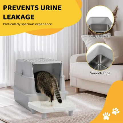Stainless Steel Enclosed Cat Litter Box – Extra Large Metal Kitty Litter Pan with Lid & Scoop – Odor-Free & Leak-Proof Design for Large Cats