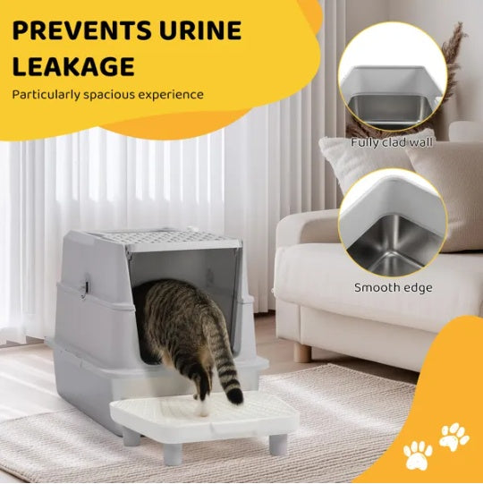 Stainless Steel Enclosed Cat Litter Box – Extra Large Metal Kitty Litter Pan with Lid & Scoop – Odor-Free & Leak-Proof Design for Large Cats
