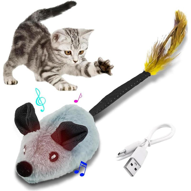 Interactive Robotic Mouse Cat Toy – Automatic Moving Mouse with LED Lights & Chirping Sounds – USB Rechargeable Toy with Feather Tail for All Breeds