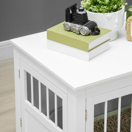 Furniture Style Dog Crate End Table – Wooden Pet Kennel with Triple Doors – White Decorative Dog House for Small Dogs – Multi-Functional Side Table