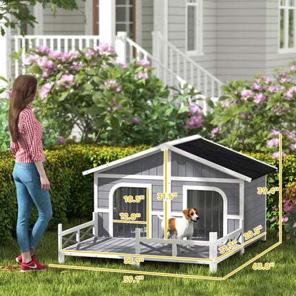Luxury Double-Room Wooden Dog House with Porch – Openable Roof & Removable Floor – Weatherproof Outdoor Kennel for 2 Small/Medium Dogs (Gray)