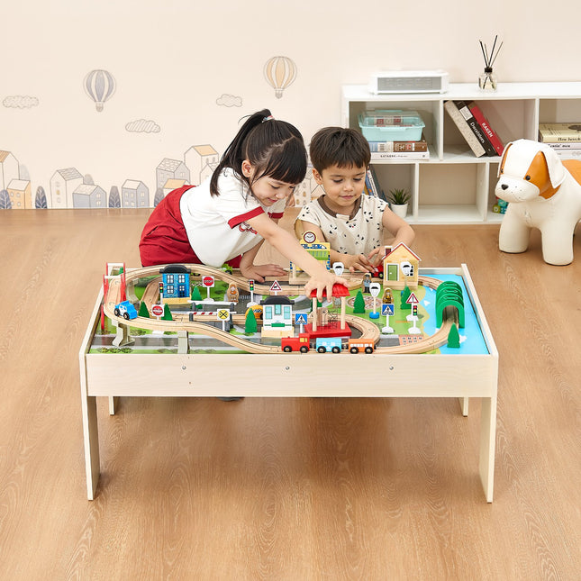 84-Piece Wooden Train Table Set – Complete Kids' Activity Station with Collapsible Storage Bin – Durable Play Table for Toddlers & Children