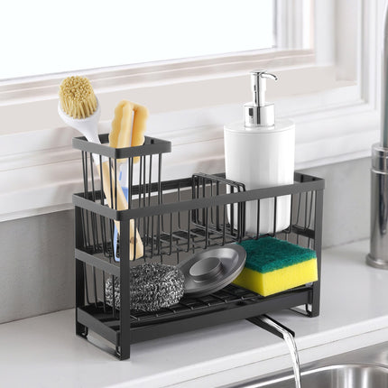 Modern Kitchen Sink Caddy Organizer – Sponge & Brush Holder with Removable Drain Tray – Rust-Proof Countertop Storage Rack