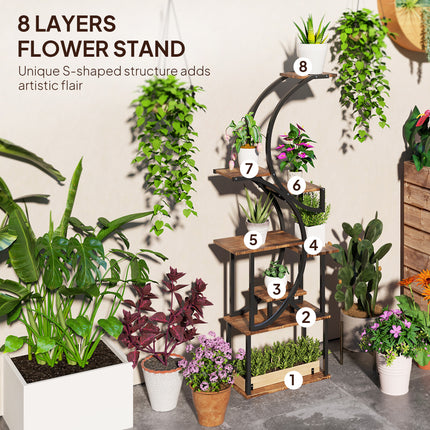 62" Tall S-Shaped Plant Stand – 8-Tier Wood Plant Shelf with Carbonized Finish – Unique Corner Display Rack for Multiple Plants