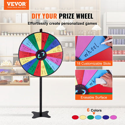 36-Inch Spinning Prize Wheel – 18 Slots Adjustable Floor Standing Win Fortune Wheel – Dry Erase Surface for Parties & Trade Shows