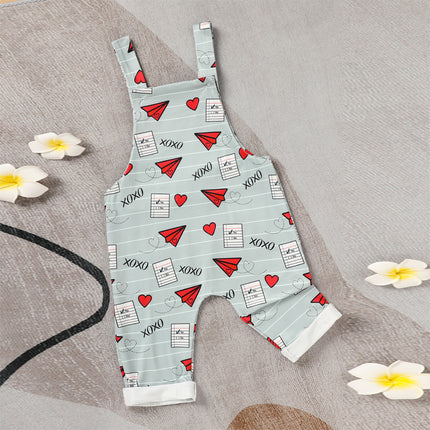 Baby Heart & Paper Plane Print Overalls – Adjustable Strap Cotton Romper – Unisex Spring & Fall Jumpsuit