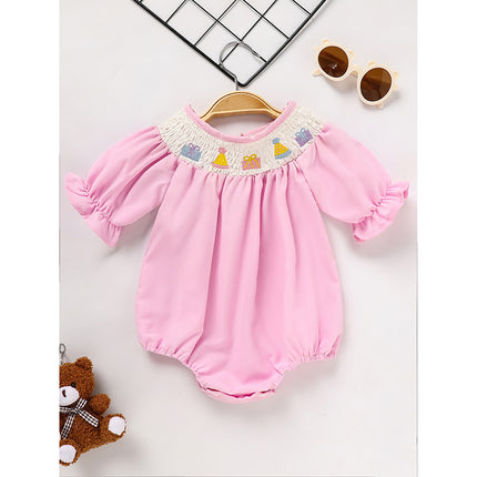Baby Girl First Birthday Smocked Romper – Embroidered Birthday Cake Princess Bodysuit – Vintage Style Short Sleeve Bubble Romper