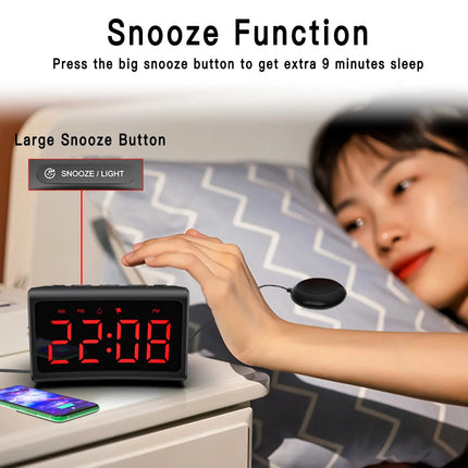 Large LED Digital Alarm Clock with FM Radio – Mirror Surface Desktop Clock – Dual Alarms, Indoor Temperature & USB Charging Port