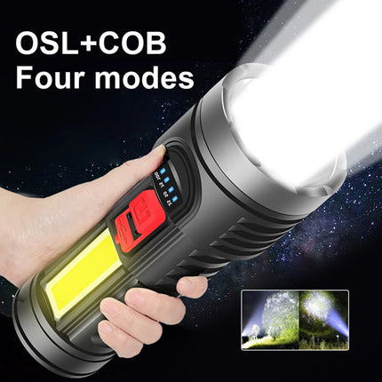 Ultra-Bright Rechargeable LED Flashlight – 4 Lighting Modes with COB Side Light – Portable USB Tactical Torch for Camping, Hiking & Emergency