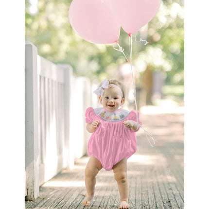 Baby Girl First Birthday Smocked Romper – Embroidered Birthday Cake Princess Bodysuit – Vintage Style Short Sleeve Bubble Romper