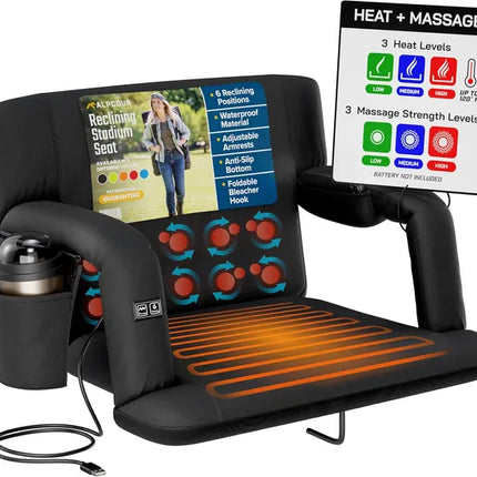 Heated Massage Reclining Stadium Seat – Extra Wide Bleacher Chair with Back Support for Sports Fans & Outdoor Events