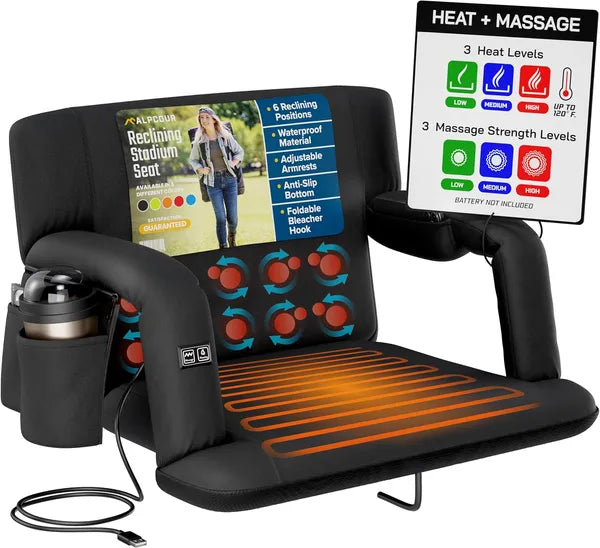 Heated Massage Reclining Stadium Seat – Extra Wide Bleacher Chair with Back Support for Sports Fans & Outdoor Events