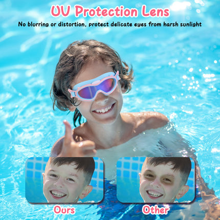 Kids & Youth Swim Goggles with Attached Earplugs – Anti-Fog & UV Protection – Wide View Leak-Proof Swimming Glasses for Boys & Girls Aged 3-16