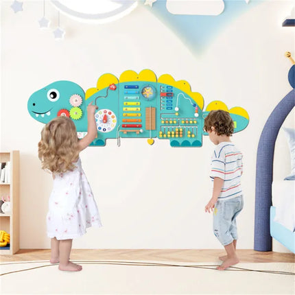 11-in-1 Dinosaur Activity Wall Panels – 3-Piece Wooden Sensory Busy Board – Montessori Wall Toy with Gears, Maze & Music for Toddlers