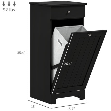 Tilt-Out Laundry Hamper Cabinet – Wooden Bathroom Storage Organizer with Drawer and Removable Basket – Elegant Black Finish