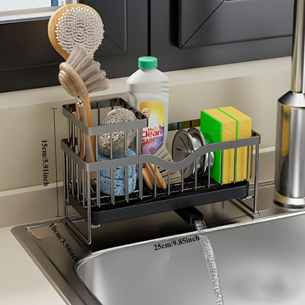 Stainless Steel Kitchen Sink Caddy – Multi-Functional Sponge Holder with Removable Drain Tray & Dishcloth Hanging Bar