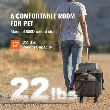 VEVOR Airline Approved Rolling Pet Carrier – 360° Silent Wheels & Telescopic Handle – Dog & Cat Travel Bag for Pets up to 22 lbs – Includes Folding Bowl