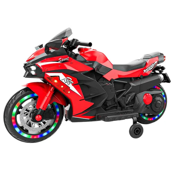 12V Kids Electric Ride-On Motorcycle – Sport Bike with Glowing LED Wheels & Bluetooth Music – Battery Powered 3-Wheel Tricycle for Boys & Girls 3-6 Years (Red)