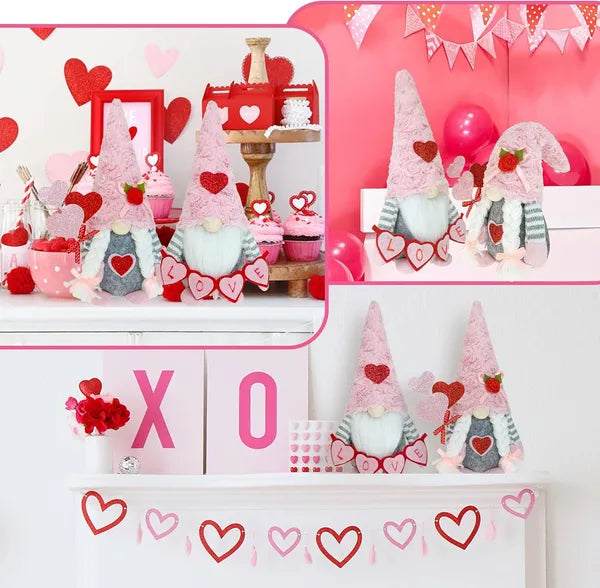 Valentine's Day Gnomes Decorations – Pink Plush Scandinavian Tomte Elf – Heart-Themed Tiered Tray Decor for Home – Romantic Gifts for Her
