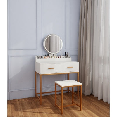 Aurora™ White & Gold Vanity Set – Compact Makeup Table with Mirror & Cushioned Stool