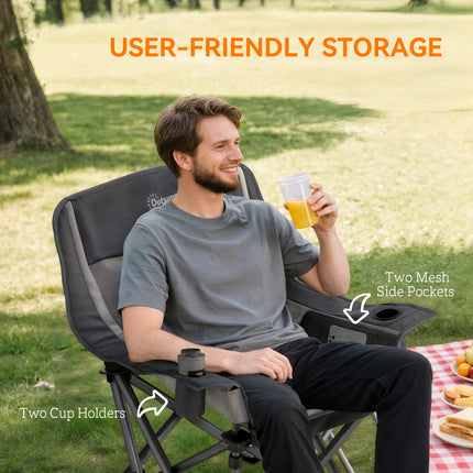 Heavy-Duty Folding Camping Chair – Portable Outdoor Lounge Chair with Side Pockets, Cup Holder & Carry Bag – Black & Gray