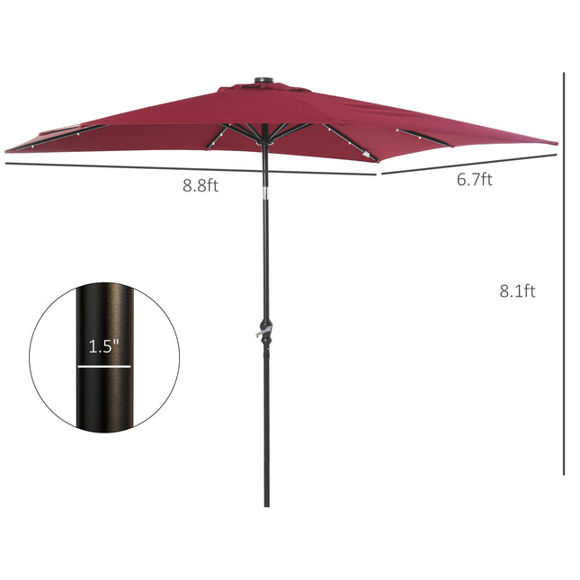 9x7ft Solar Powered LED Lighted Patio Umbrella – Rectangular Outdoor Sunshade with Tilt & Crank – Wine Red Parasol for Garden, Deck & Poolside