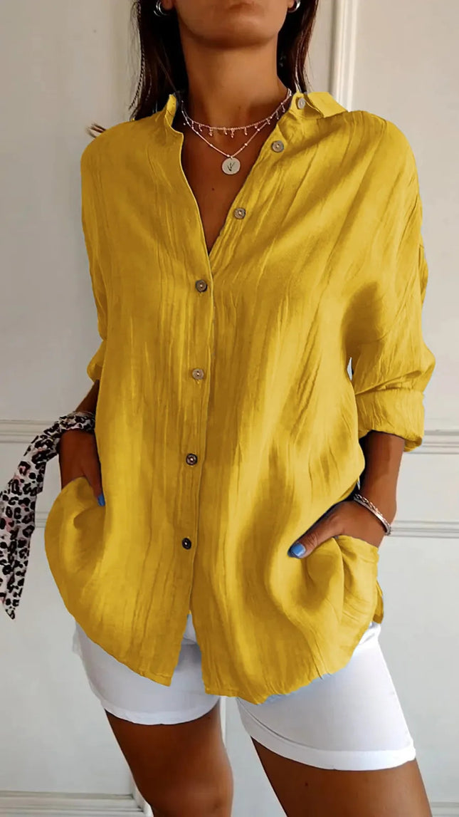 Women's Pleated Button-Down Shirt – Relaxed Fit Long Sleeve Blouse for Casual & Office Wear
