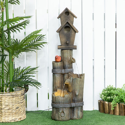 Outdoor Fountain with Birdhouse – 3-Tier Cascading Tree Trunk Waterfall – Rustic Log Design Bird Bath with LED Lights for Garden & Yard