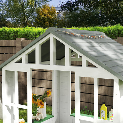 Kids Wooden Outdoor Playhouse – Weather-Resistant Garden Cottage with Flowerpot Holders & Service Station for Creative Backyard Play