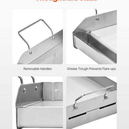 17x13" Stainless Steel Flat Top Griddle – Universal BBQ Grill Pan for Gas & Charcoal Grills – Built-in Grease Well