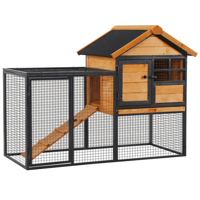 2-Level Outdoor Rabbit Hutch – Weatherproof Bunny Cage with Hinged Asphalt Roof – Elevated Wooden Pet House with Removable Tray & Ramp