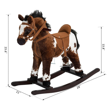 Kids Plush Rocking Horse Chair – Wooden Ride-On Toy with High Back Support & Realistic Sounds – For Toddlers 18-36 Months (Dark Brown/White)
