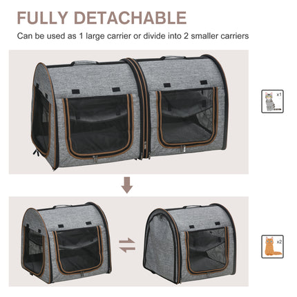 Portable Double Pet Carrier with Removable Divider – Two-Compartment Soft-Sided Cat & Dog Travel Bag – Foldable Grey Carrier with Padded Mats & Storage
