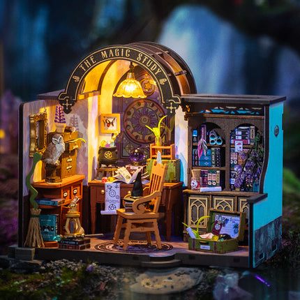 Robotime ROKR DIY Miniature House Kit – "Magic Study" Library – 3D Wooden Puzzle Room Kit with LED Lights – Creative Hobby Gift for Adults