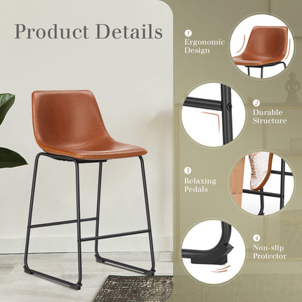 Mid-Century Modern Faux Leather Bar Stools Set of 2 – Padded Bucket Seats & Sturdy Sled Legs – Counter & Bar Height Kitchen Island & Home Bar Seating