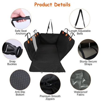 600D Heavy-Duty Dog Car Seat Cover – Full Protection Hammock with Side Flaps – Waterproof Rear Seat Protector with Mesh Window & Storage Bags