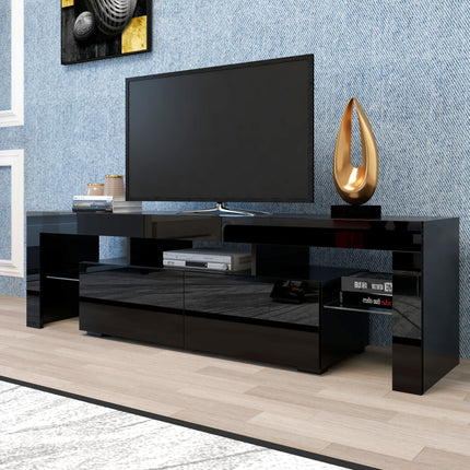 Modern Black TV Stand with 20-Color LED Lights – High Gloss Entertainment Center with Remote Control – Sleek Media Console for TVs up to 65"