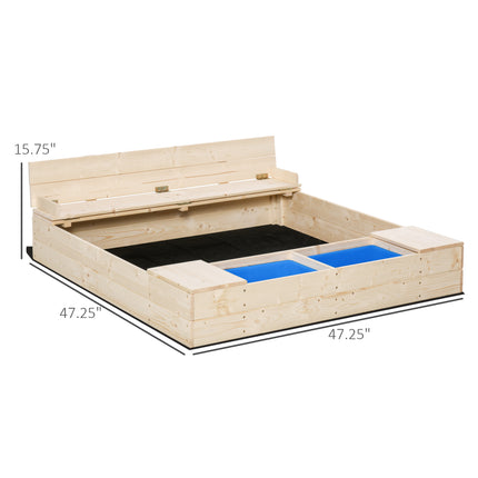 Kids Wooden Sandbox with 2 Storage Boxes – Foldable Bench Seats & Waterproof Cover – Outdoor Sandpit with Bottom Liner – Premium Backyard Playset