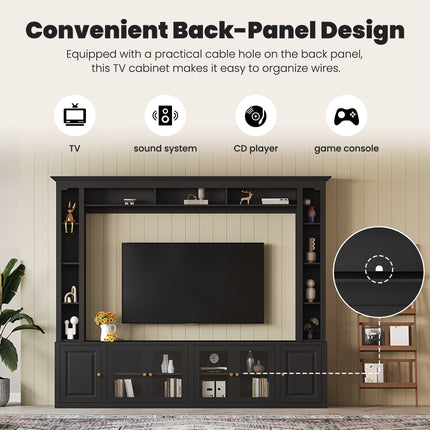 4-Piece Modern Entertainment Center Wall Unit – 92" Large TV Stand for TVs up to 80" – All-in-1 Media Console with Bookshelves & Tempered Glass Doors