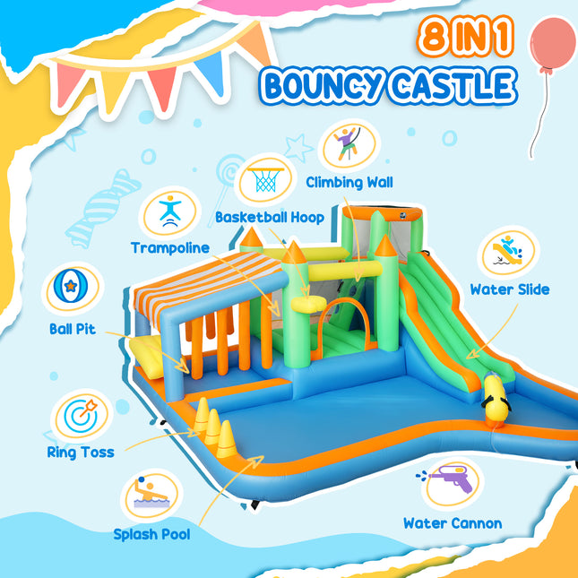 8-in-1 Inflatable Bounce House & Water Slide – Huge Jumping Castle with 680W High-Power Blower – Double Slides, Climbing Wall & Splash Pool – Premium Backyard Fun for Kids