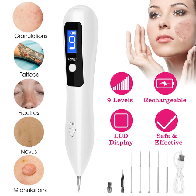 Professional Skin Tag & Mole Remover Pen – LCD Display Plasma Laser Repair Kit – 9 Adjustable Levels with 6 Replaceable Needles for Home Beauty