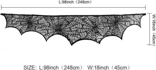 Halloween Black Lace Spiderweb Fireplace Mantle Scarf – Spooky Cobweb Table Runner for Haunted House Decor & Holiday Parties