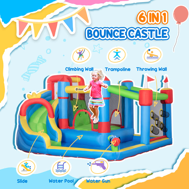 6-in-1 Inflatable Water Slide & Bounce House – Giant Bouncing Castle with Water Cannon, Climbing Wall & Splash Pool – Heavy Duty Outdoor Fun for Kids