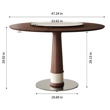 Round Solid Wood Dining Table with Tempered Glass Lazy Susan – Pedestal Base Kitchen Table for Modern Dining Rooms