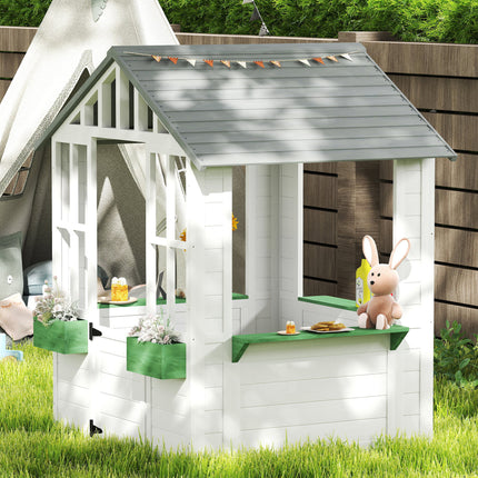 Kids Wooden Outdoor Playhouse – Weather-Resistant Garden Cottage with Flowerpot Holders & Service Station for Creative Backyard Play