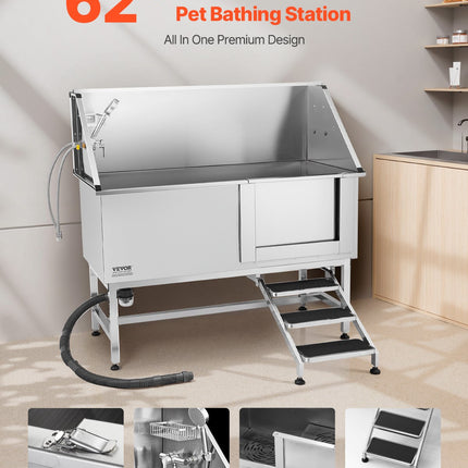 62-Inch Professional Dog Grooming Bath Tub – Heavy Duty Stainless Steel Pet Wash Station – Includes Walk-In Stairs & Water Filtration System