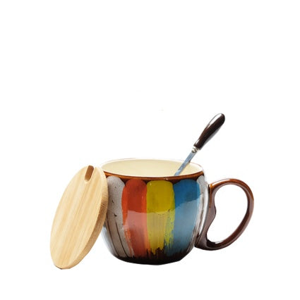 Creative Ceramic Coffee Mug Set – Modern Nordic Design with Matching Lid and Gold Stirring Spoon