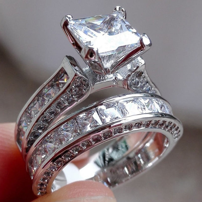 His and Hers Matching Couple Rings Set – Princess Cut CZ Engagement & Wedding Bands – Silver Color Anniversary Promise Rings for Couples