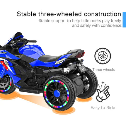 12V Electric Ride-On Motorcycle for Kids – Glowing LED Wheels & Bluetooth Music – Battery Powered Sport Bike with Training Wheels (Blue)
