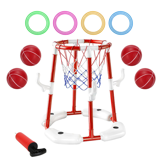 Floating Pool Basketball Hoop Set – 2-in-1 Water Game with 4 Balls & 4 Rings – Summer Swimming Pool Toy for Kids (3-12) & Adults